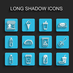 Set line Bottle of water, Coffee cup, Pizzeria building facade, Burrito, Soda and hotdog, Taco with tortilla, Pizza knife and Glass icon. Vector