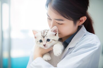 A asian young female veterinarian examines a kitten