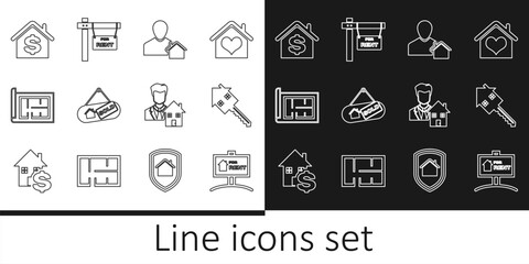 Set line Hanging sign with For Rent, House key, Realtor, Sold, plan, dollar, and icon. Vector