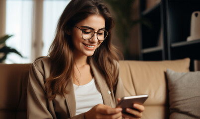 Young business woman using smartphone and sitting on couch.