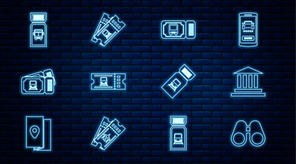 Set line Binoculars, Museum building, Bus ticket, Train, and icon. Vector