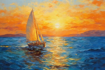 oil painting sailing yacht with ray of sunset - obrazy, fototapety, plakaty