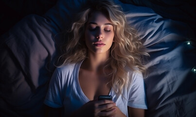 Girl scrolling through social networks on mobile phone late at night in dark bedroom.