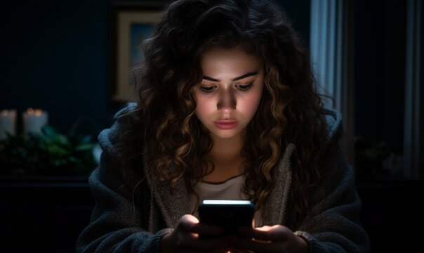 Female lying in bed watching movie on smartphone in dark bedroom