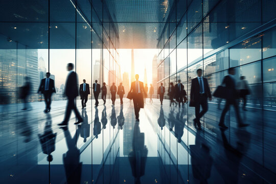 Time lapse photography of fast moving busy businessmen reflecting in glass of building rush hour 