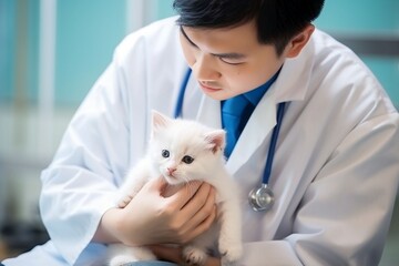 A asian young male veterinarian examines a kitten at modern white