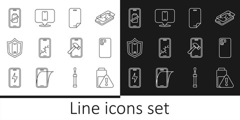 Set line Smartphone battery charge, Glass screen protector, Mobile with broken, shield, and Phone repair service icon. Vector