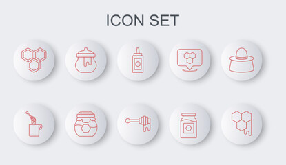Set line Honeycomb, dipper stick with honey, Jar of, and icon. Vector