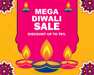 Happy Diwali festival sale with Diya Lamp and mandala Vector illustration Indian festival of lights Design for Greeting Card, Banner, Flyer, Template