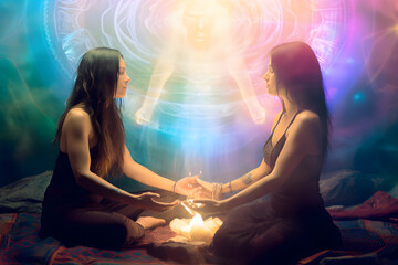 Spiritual Connection - Two Women Engaging in Mystic Energy Transfer, Colorful Aura Background