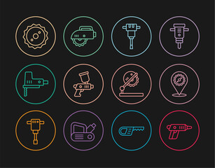 Set line Electric cordless screwdriver, Circular saw blade, Construction jackhammer, Paint spray gun, jigsaw, Table for woodwork and circular icon. Vector