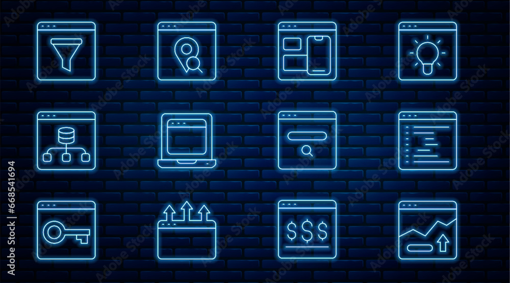 Poster set line financial growth increase, browser window, web developer programming code, laptop with brow