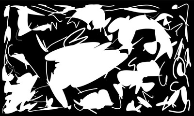 Abstract background. Black and white unique shapes with scribble lines pattern.