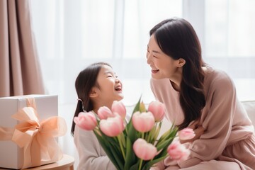 Happy Mother's Day, Daughter congratulates mother with flowers during a celebration with her on Mother's Day during the holiday at home. Generative AI