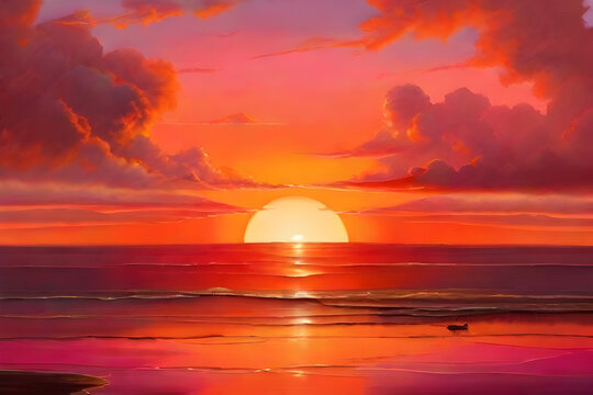 Beautiful sunset over the sea. Nature landscape background. Digital painting.