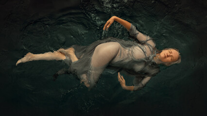 Portrait of a woman in a dress on a dark water surface