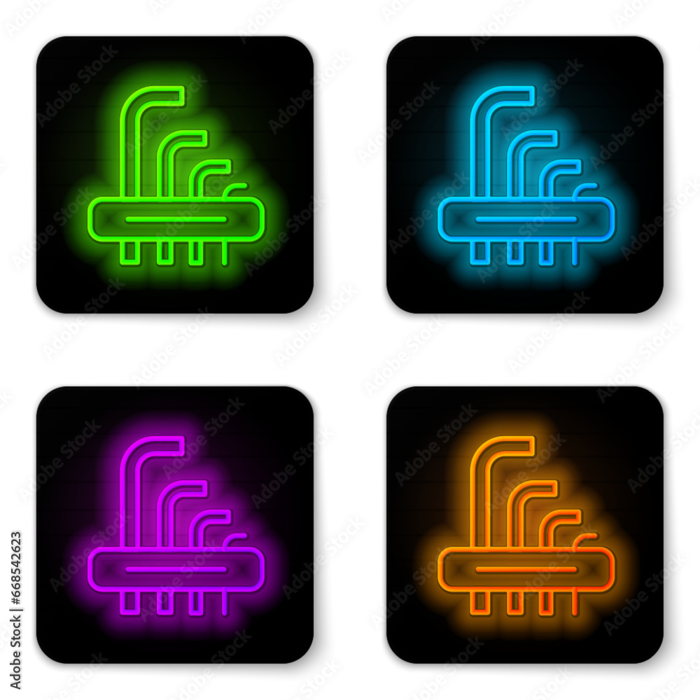 Poster glowing neon line tool allen keys icon isolated on white background. black square button. vector