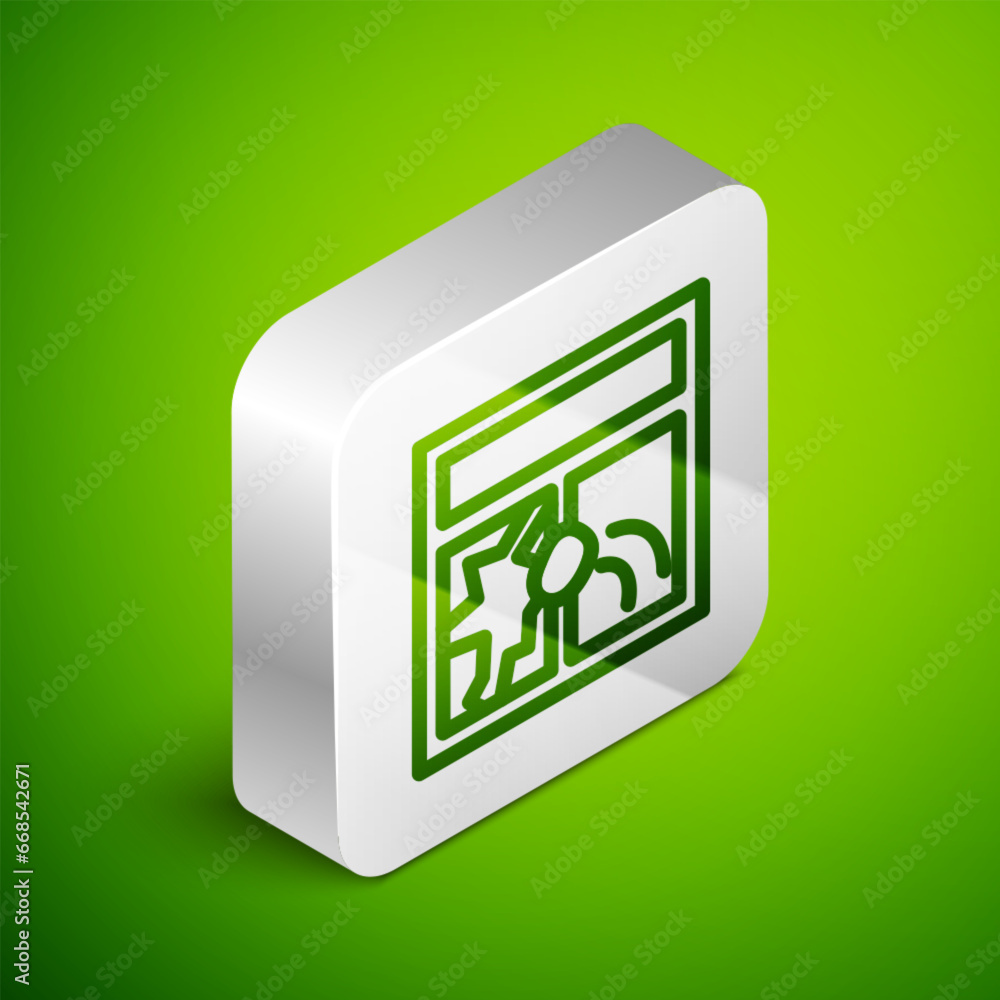 Poster isometric line broken window icon isolated on green background. damaged window. beaten windowpane co