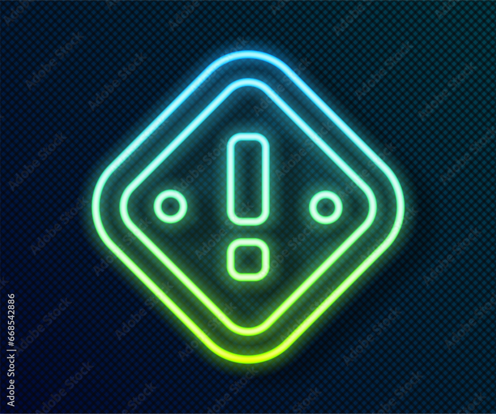 Poster glowing neon line exclamation mark in triangle icon isolated on black background. hazard warning sig