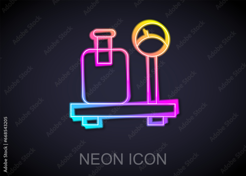 Poster glowing neon line scale with suitcase icon isolated on black background. logistic and delivery. weig