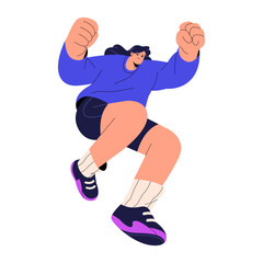 Happy jumping people. Young woman get success, overcome obstacle, challenge. Girl rejoice, celebrating victory in sport event. Healthy lifestyle. Flat isolated vector illustration on white background