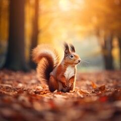 Obraz premium Wild brown squirrel with fluffy tail standing on autumn forest path. Orange tree leaves in fall city park. Nature scene in sunset fog. Scenic scenery with bright sunlight.