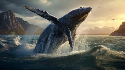 Humpback whale jumping over the sea - obrazy, fototapety, plakaty