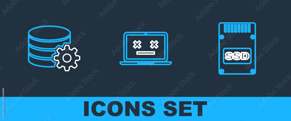 Aufkleber set line ssd card, setting database server and dead laptop icon. vector