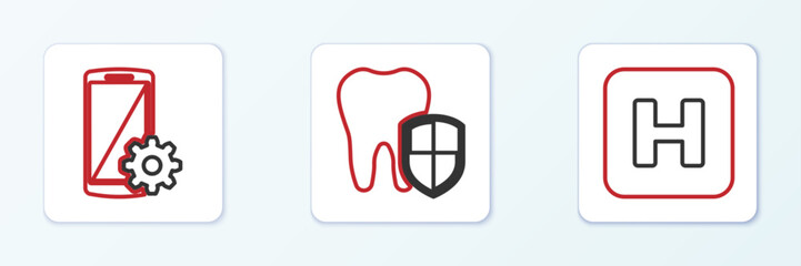 Set line Hospital, Setting on smartphone and Dental protection icon. Vector