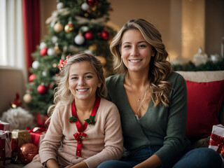 A portrait of a woman and her child in the soft glow of Christmas decorations depicts them enjoying a happy, heartwarming moment.  - obrazy, fototapety, plakaty