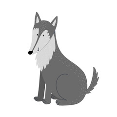 Cute wolf in a sitting position. Forest character in cartoon style for kids design. Woodland animal isolated on white background. Vector illustration