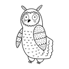 Cute owl character in black and white. Funny outline bird isolated on white background. Doodle owl print for kids and nursery design. Vector illustration