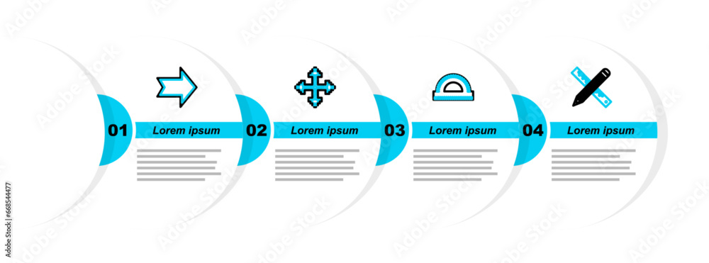 Poster set line crossed ruler and pencil, protractor grid, pixel arrows in four directions and arrow icon. 