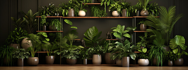 House plants in pots on a black background. Home gardening concept. 3d render of a beautiful tropical garden with palm trees in pots