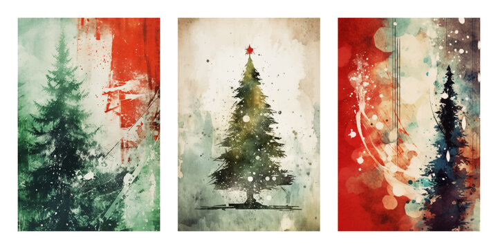 Set of abstract christmas tree watercolor illustrations. Hand drawn vector illustration background for poster, flyer, cards, web.