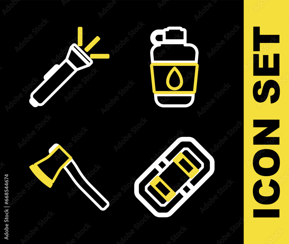 Sticker Set line Canteen water bottle, Rafting boat, Wooden axe and Flashlight icon. Vector