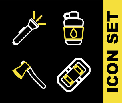 Set line Canteen water bottle, Rafting boat, Wooden axe and Flashlight icon. Vector