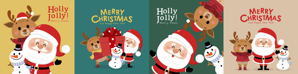 Merry Christmas and happy new year with Santa Claus, snowman and deer. Holiday cartoon character in winter season. -Vector - obrazy, fototapety, plakaty