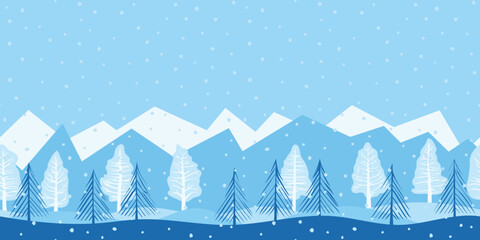 Winter landscape, snowy mountains and forest, snowfall, seamless border 