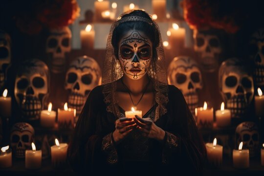 Dia de los muertos, Mexican holiday of the dead .Woman with sugar skull make up and flowers. Generative AI