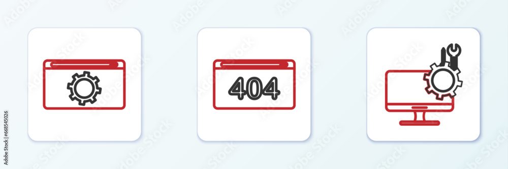 Poster set line computer monitor service, setting and page with a 404 error icon. vector