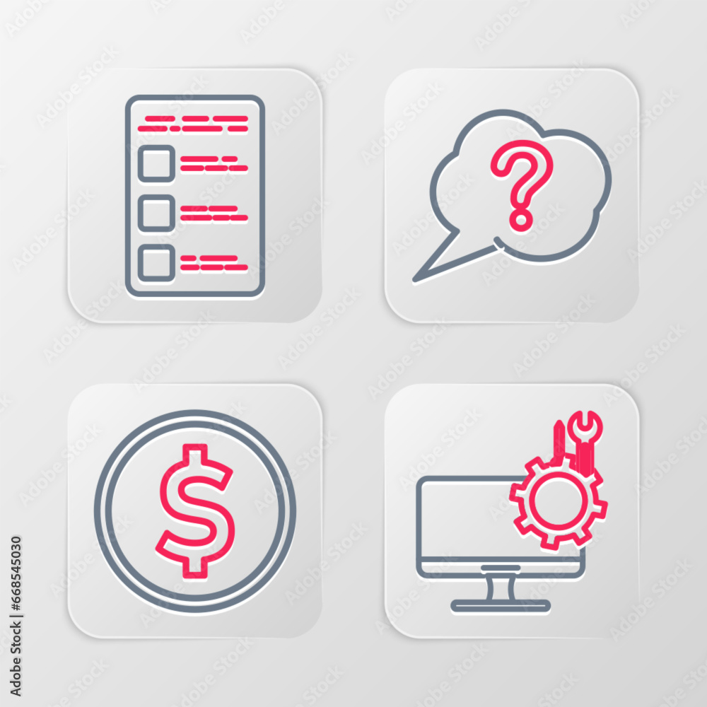 Poster set line computer monitor service, coin money with dollar, speech bubble question and create account
