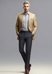 Full length portrait of a stylish mature man with gray hair and beard wearing a beige suit and posing at studio