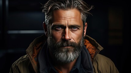 Obraz premium Bearded middle-aged man wearing glasses looking at camera with a serious expression in a close up head and shoulders portrait. Man face portrait illustration. Generative AI