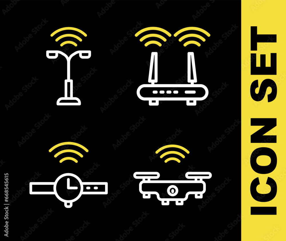 Poster Set line Router and wi-fi signal, Smart drone, Smartwatch and street light icon. Vector