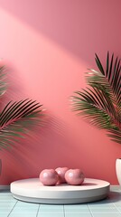 Obraz premium Natural palm leaves shadow on gradient paper background. Abstract pink and mint tropical backdrop. Background with shadow. Generative AI