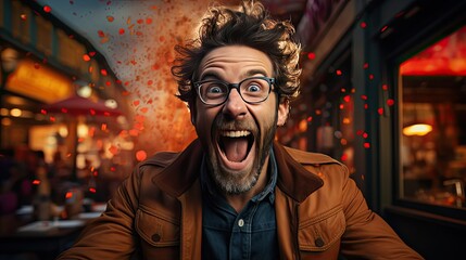 Fototapeta na wymiar Young handsome man with beard wearing casual sweater and glasses over background very happy and excited doing winner gesture with arms raised. Man portrait illustration. Generative AI