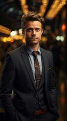 Fototapeta premium Businessman smiling with arms crossed on background. Man portrait illustration. Generative AI