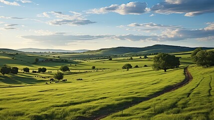 Obraz premium Panoramic view of green field in the light of the evening sun. Agriculture environment illustration. Generative AI