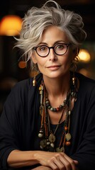 Smiling middle aged mature grey haired woman looking at camera, happy old lady in glasses posing at home indoor, positive single senior retired female. Generative AI art